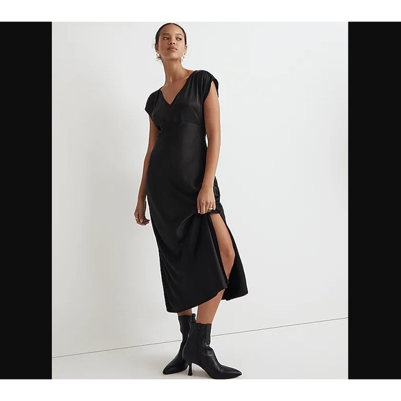 Madewell NEW NWT Womens 6 Black Wide V Neck Midi Dress High Slit - Picture 2 of 8